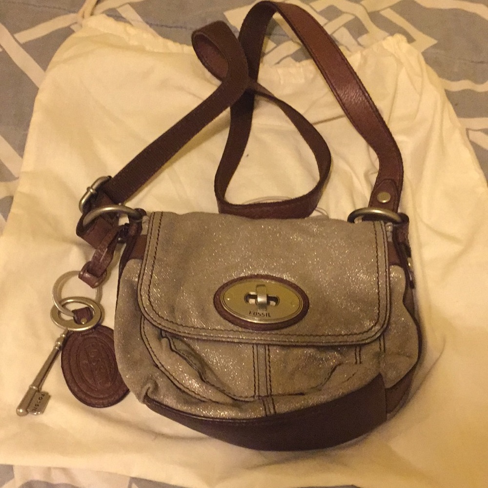 Fossil silver and brown cross body purse